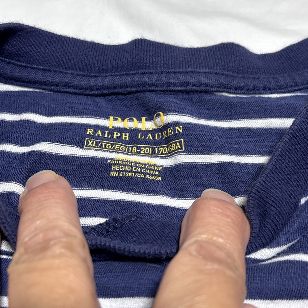 Kids Polo Ralph Lauren Shirt XL Blue/White Striped V Neck Short Sleeve Shirt - Picture 5 of 8